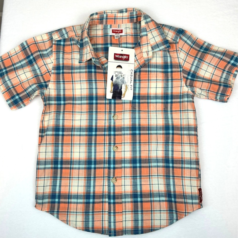 NWT Wrangler Boys Plaid Button Down Shirt Orange Blue Short Sleeve‎ Size 6